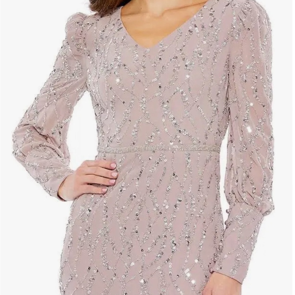 Mac Duggal sequin V-neck, long bishop sleeve trumpet dress Sz 10 - Picture 2 of 14